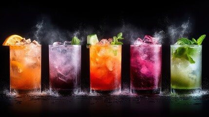 Five assorted cocktails garnished with mint, cucumber, and citrus slices, featuring vibrant colors and ice cubes, creating a refreshing and chilled presentation.