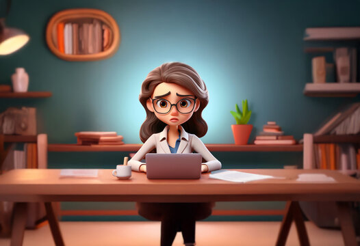 A 3D animated woman with brown hair and glasses sits at a desk in an office setting, looking stressed and tired as she works on a laptop. - Powered by Adobe