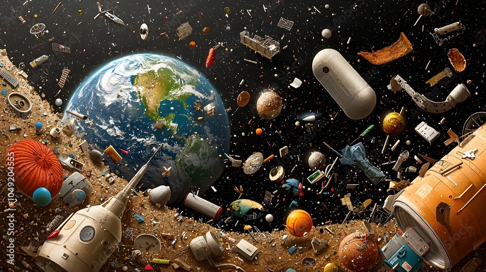 Poster crowded cosmic orbit an depicting earth s orbit cluttered with harmful space debris highlighting the