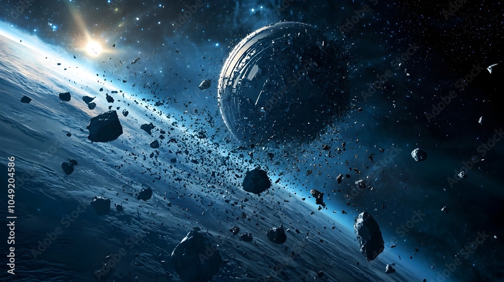 Poster Crowded Orbit Earth Surrounded by Accumulating Space Debris Highlighting the Growing Issue of Orbital Pollution and the Need for Sustainable Space