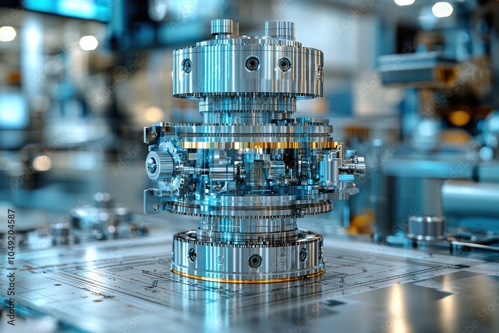 Poster Closeup of a Complex, Shiny, Multi-Layered Machine Component