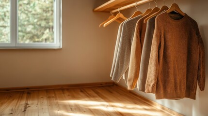 A collection of warm-colored sweaters are displayed hanging neatly on wooden hangers by a sunlit window, creating a serene and inviting atmosphere.