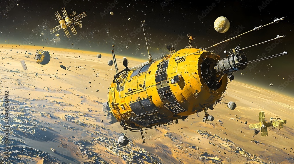 Poster cutting edge spacecraft equipped with advanced harpoons carefully retrieving floating orbital debris