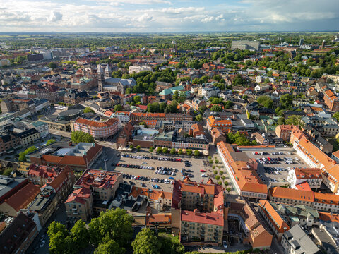 Lund, Sweden - 12 June 2024: aerial view of  Lund city centre with M&aring;rtenstorget in the foreground and Lund Cathedral in the background