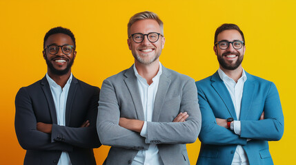 A business team of three people, A photo of a smiling businessman standing with his arms crossed in front with yellow background