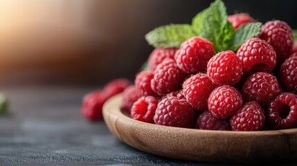 A rustic wooden bowl overflows with ripe raspberries adorned with fragrant mint leaves, giving a...