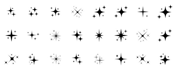 Set of black sparkle and star icons in various shapes and styles. Minimalist decorative elements for design, highlights, UI accents, or festive graphics on white background. Shine, icons, vector.	