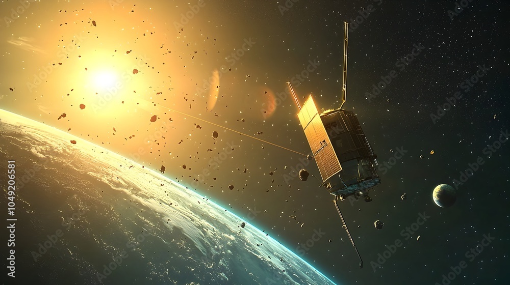 Poster Deorbit Sail Slowly Pulling Celestial Debris Back to Earth s Atmosphere in Rendered Animation Depicting Space Pollution Cleanup and Sustainability
