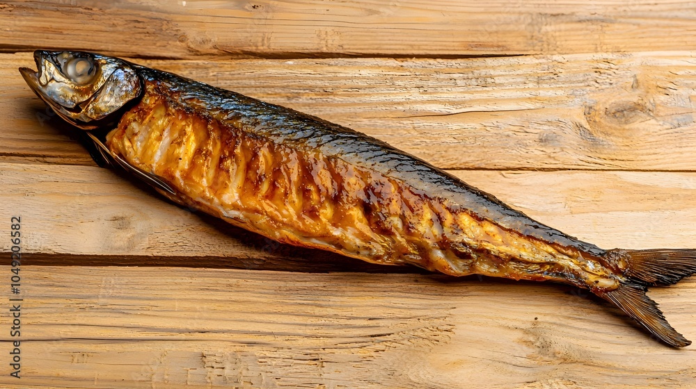 Poster delicious smoked mackerel fillet placed flat on a surface with the tail end visible this food photog