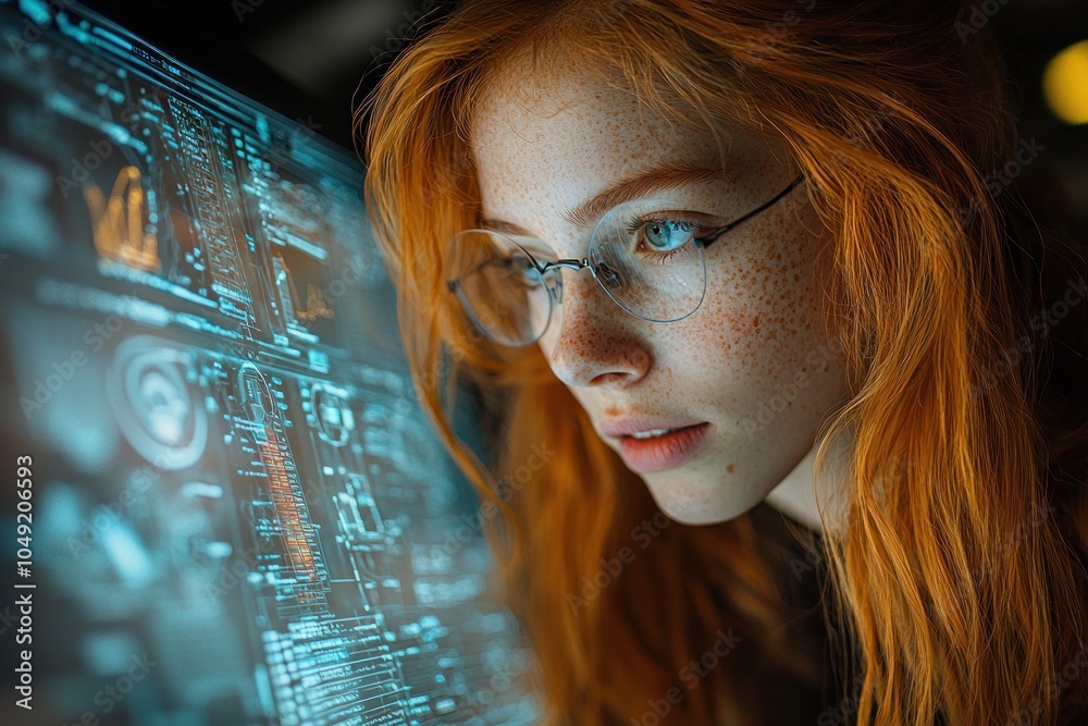 Poster red-haired woman with freckles looking at computer screen with blue light