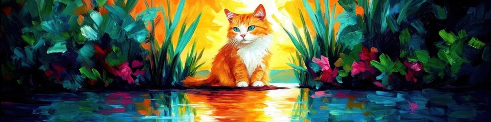 Vibrant Orange Cat by Tranquil Water at Sunset with Lush Greenery and Colorful Flowers Creating a Serene Atmosphere in Nature