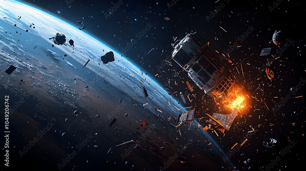 Poster Depicting Earth s Orbit Crowded with Floating Space Debris and Abandoned Satellites Highlighting the Growing Issue of Space Pollution and the Need for Sustainable Space