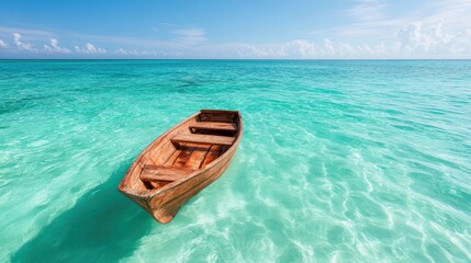 A solitary wooden boat drifts serenely over the crystal-clear turquoise waters of a tropical paradise, evoking feelings of peace and wanderlust in a tranquil marine scene.