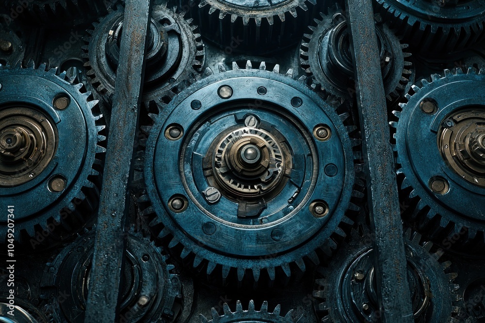 Poster Close-up of Interlocking Metallic Gears in a Complex Machine