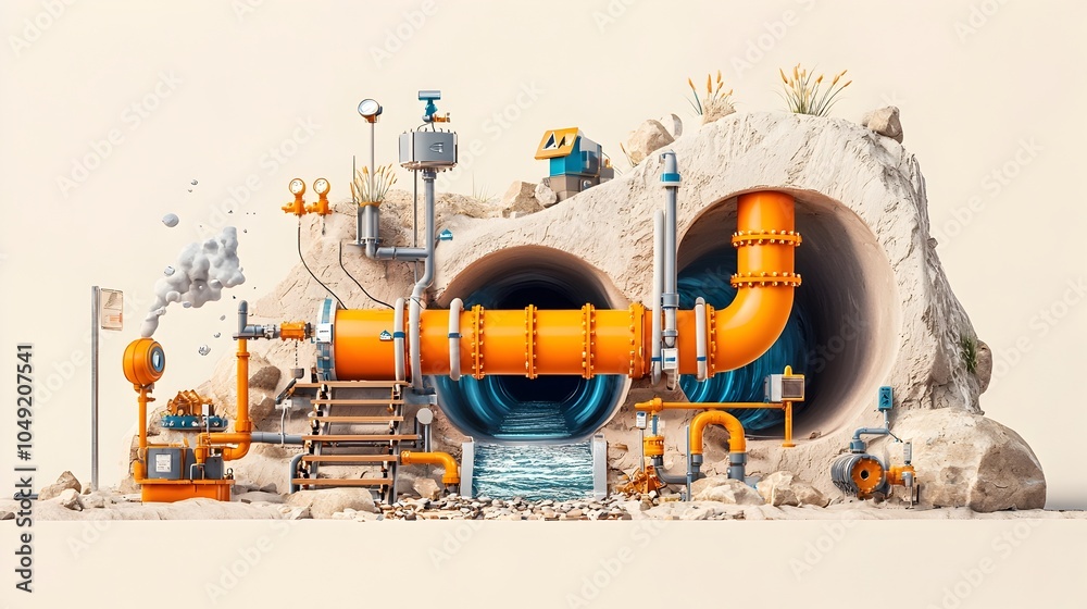 Poster Detailed Cross Section View of a Complex Sewer Pipeline System with Interconnected PVC Tubes Manholes and Various Underground Utility Infrastructure Components