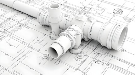 3D render of PVC pipes and joints in detailed plumbing blueprints or technical drawings for residential or commercial construction projects  The image shows a complex network of pipes fittings