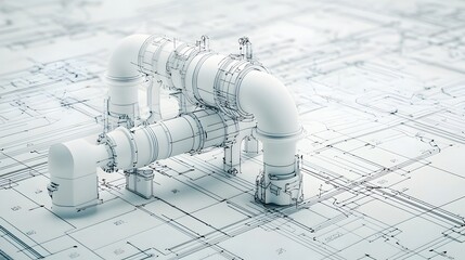 3D rendering of a detailed schematic diagram showcasing intricate plumbing pipework joints and fittings depicted in construction blueprint or engineering plans