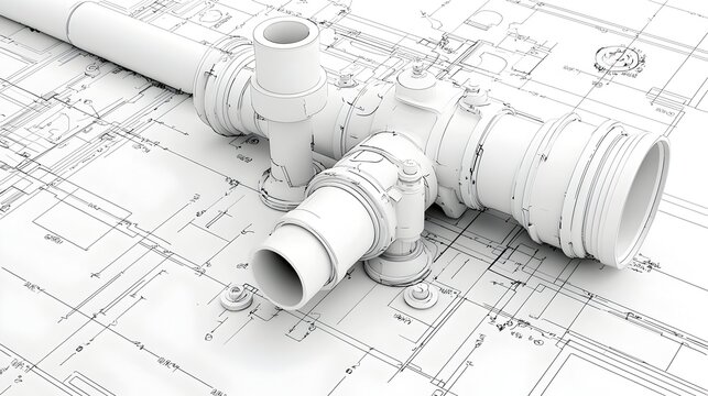 3D render of PVC pipes and joints in detailed plumbing blueprints or technical drawings for residential or commercial construction projects  The image shows a complex network of pipes fittings
