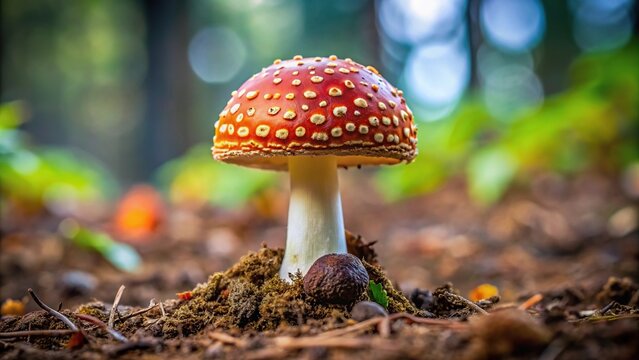 Symmetrical image of amanita caesarea mushroom emerging from the ground