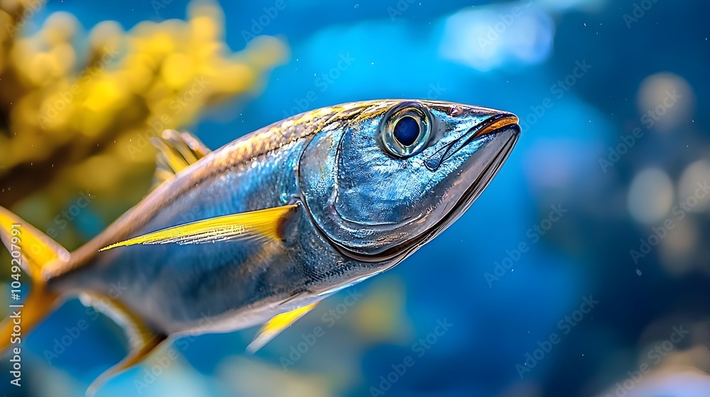 Poster a close up head on view of a bonito fish showcasing its sleek streamlined profile and natural minima