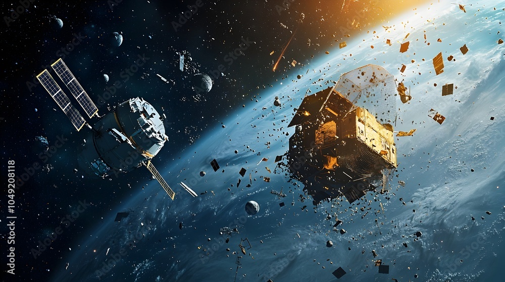 Poster A concept satellite equipped with specialized nets designed to capture and remove space debris and junk orbiting the Earth