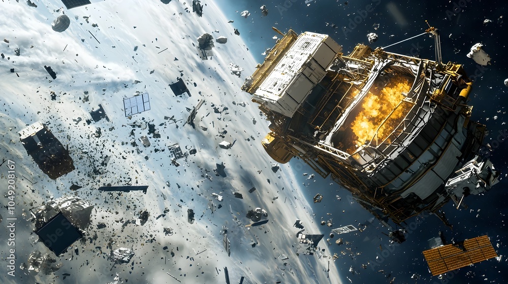 Poster a futuristic spacecraft equipped with advanced harpoon technology carefully retrieving and collectin
