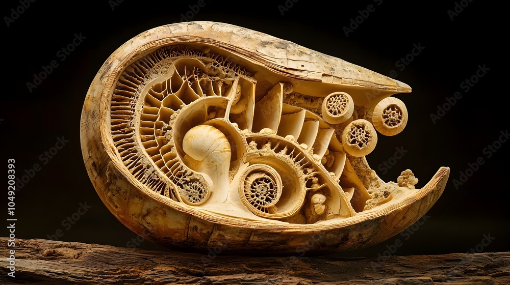 Poster Detailed Fossil of an Intricate Nautilus Shell Revealing its Stunning Internal Chamber Structure and Spiral Pattern