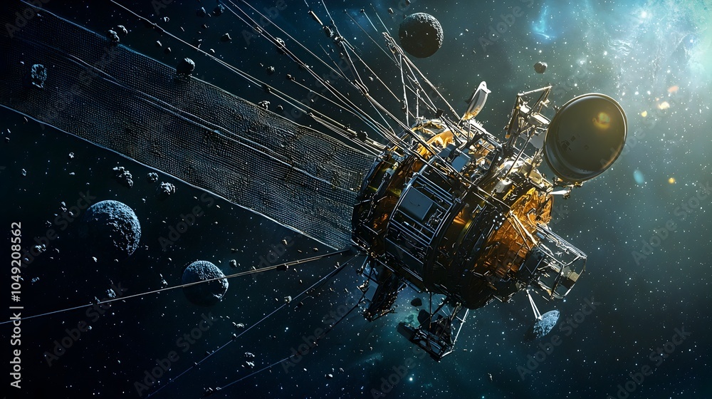 Poster A spacecraft deploying a large net to sweep and collect the accumulated space debris floating in the Earth s orbit aiming to clean up the cluttered and hazardous space environment