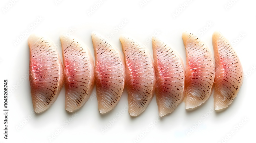 Poster a visually appealing symmetrical array of delectable butterfish fillets showcasing the beauty and ve