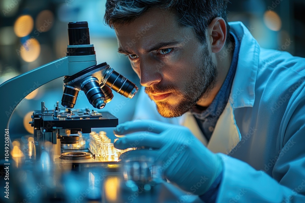 Poster A Scientist Carefully Examining Samples Through a Microscope in a Laboratory