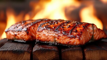 Two pieces of grilled salmon fillets, glistening with a savory glaze, rest on a charred wooden board with flames roaring dramatically in the background.