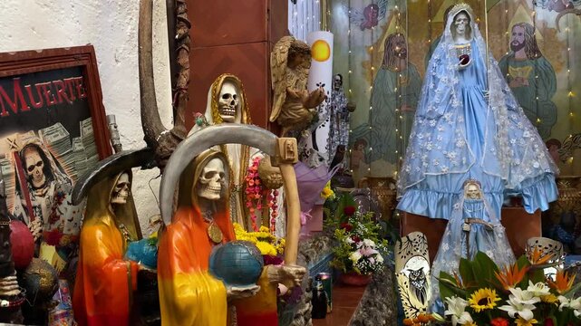 Images of Our Lady of the Holy Death or Santa Muerte is seen in the Holy Death Shrine located in Tepito neighborhood, downtown Mexico City, Mexico.