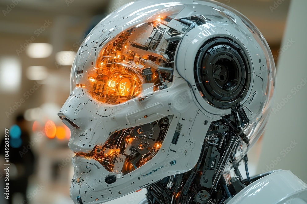 Poster Close-up of a Translucent Robot Head with Glowing Internal Components