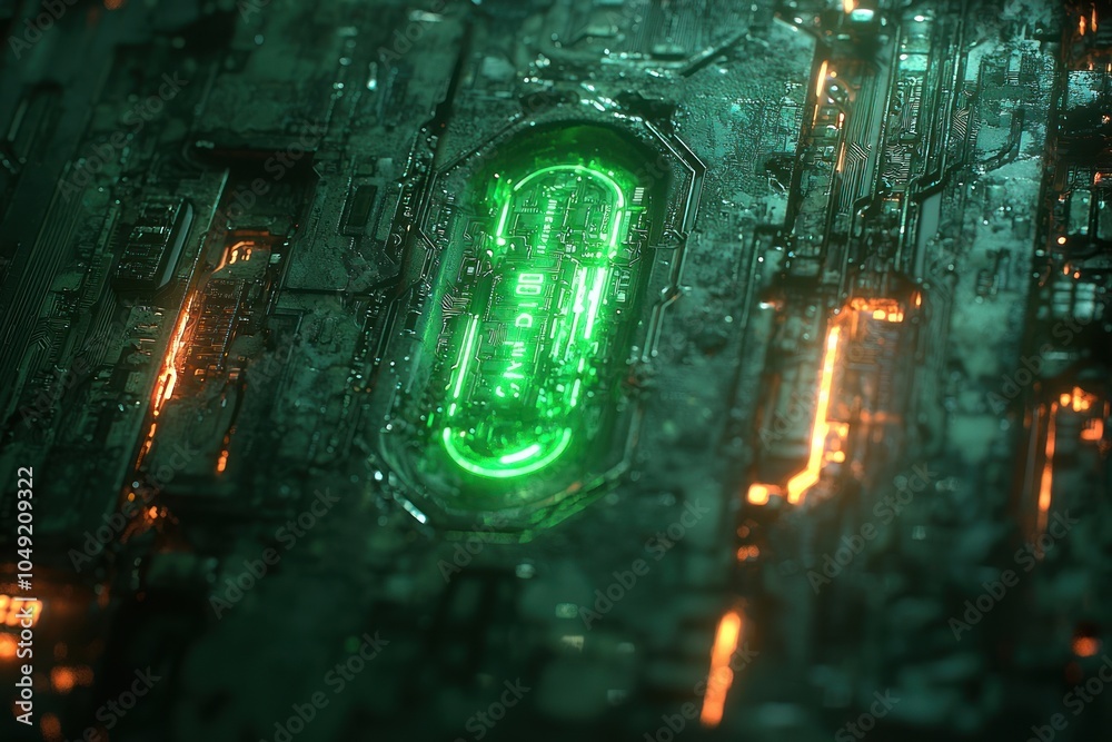 Leinwandbilder Green Glowing Digital Display Embedded in a Complex Circuit Board