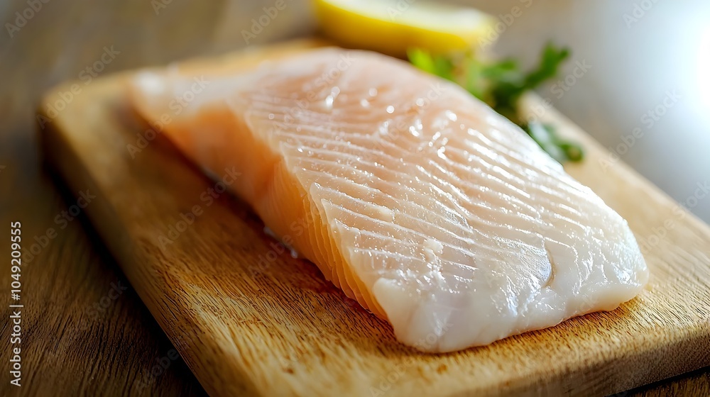 Aufkleber artfully arranged raw bass fillet displayed on a minimalist surface highlighting the delicate textur