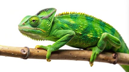 Fototapeta premium Silhouette of green chameleon on branch against white background