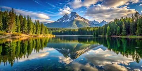 Fototapeta premium Serene lake reflecting majestic mountain backdrop with surrounding forests and waterfalls, lake, landscape, nature, natural scenery