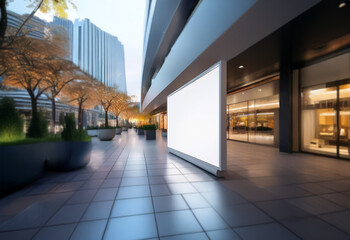 A blank billboard stands in the middle of a city walkway with tall buildings in the background.