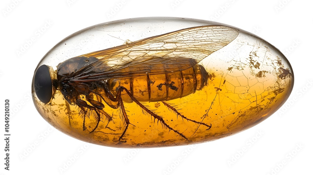 Poster detailed close up view of a piece of fossilized amber containing a trapped prehistoric insect specim