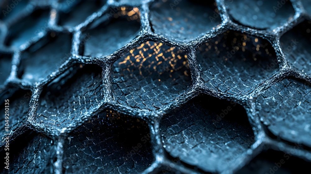 Poster detailed close up view of a graphene sheet showcasing the intricate hexagonal honeycomb molecular st