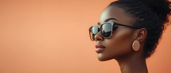 Stylish Woman Wearing Sunglasses and Earrings Against a Peach Background, Stylish Woman Wearing Sunglasses and Earrings Against a Peach Ba