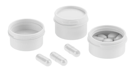 Set of White Pill Bottles and Capsules on a Transparent Background Generative AI