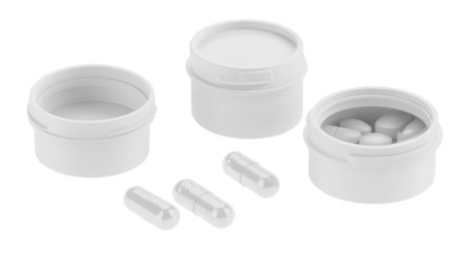 Set of White Pill Bottles and Capsules on a Transparent Background Generative AI