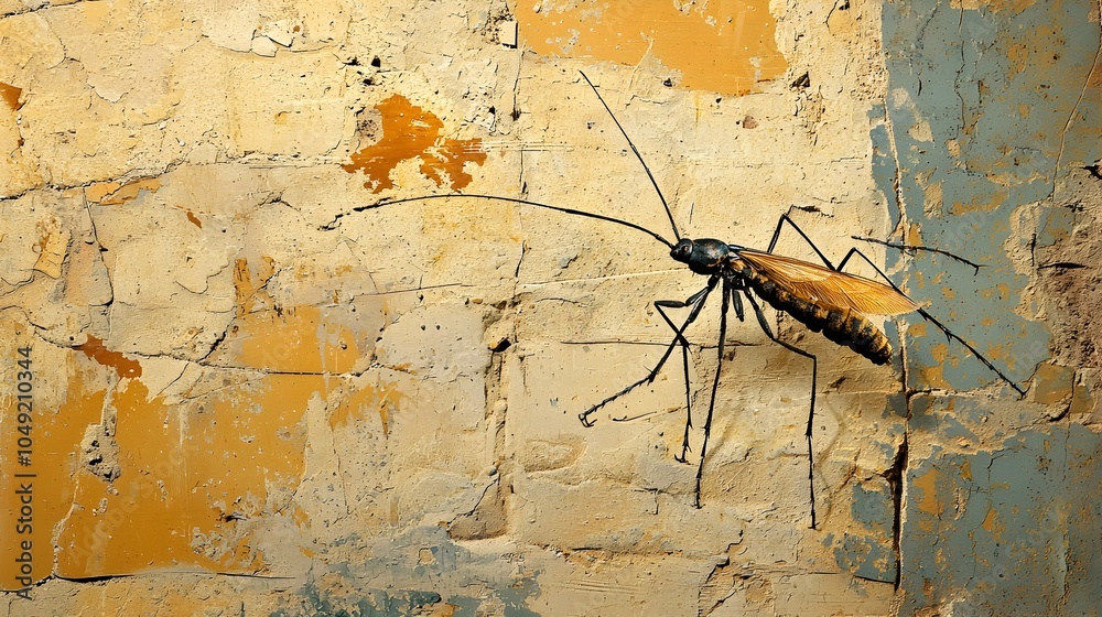 Poster detailed close up view of a primitive insect fossil preserved and encased within a shale rock format