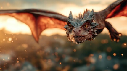 A majestic dragon soars through the sky, wings spread wide, against a backdrop of golden hues, speckled with glowing embers, creating an enchanting atmosphere.