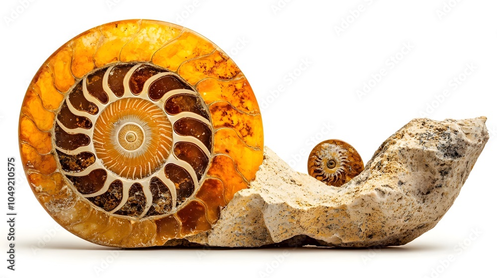 Poster Detailed closeup photograph of an ancient ammonite fossil with its intricate spiral shell pattern isolated on a clean white background