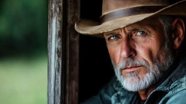 A rugged gentleman wearing a classic cowboy hat, looking thoughtfully into the distance with a forest backdrop, exuding wisdom and the essence of the American West.