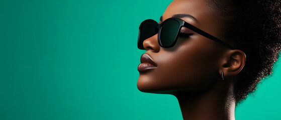 Stylish Woman Wearing Sunglasses Against a Green Background