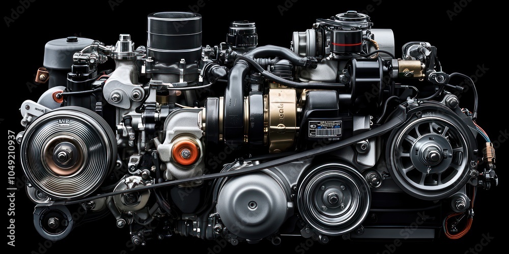 Poster Detailed View of a Complex Engine with Multiple Components and Belts