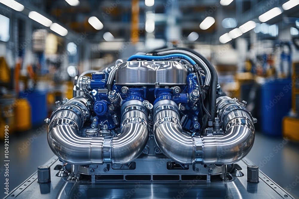 Poster A Closeup of a Shiny Blue Engine in a Factory Setting